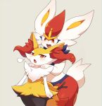  2girls :3 =3 absurdres animal_ears animal_nose annoyed arms_at_sides black_fur blue_fur blush body_fur braixen bright_pupils buck_teeth chromatic_aberration cinderace clenched_hand commentary_request cowboy_shot eye_contact fang flat_chest fur_collar furry furry_female half-closed_eyes hands_on_another&#039;s_shoulders happy height_conscious height_difference highres looking_at_another looking_back looking_up multicolored_fur multiple_girls open_mouth partial_commentary pokemon pokemon_(creature) rabbit_ears rabbit_girl rabbit_tail red_fur redhead short_hair skin_fang smile standing stick subaru331 sweat tail teeth white_fur white_pupils yellow_fur 