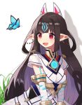  1girl bandaged_arm bandages breasts bug butterfly cheese_dakke chest_jewel earrings highres hime_cut jewelry kasandra_(xenoblade) long_hair open_mouth pointy_ears red_eyes small_breasts solo very_long_hair xenoblade_chronicles_(series) xenoblade_chronicles_2 