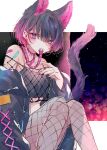  1girl 2022 absurdres animal_ears bangs bare_shoulders belt black_hair cat_ears cat_girl cat_tail clothes_in_mouth fishnet_pantyhose fishnets hair_between_eyes highres indie_virtual_youtuber kitasenju_chihiro knees_up light_purple_hair looking_at_viewer multicolored_hair necon1 open_mouth pantyhose sitting solo tail violet_eyes virtual_youtuber 