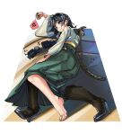  absurdres barefoot black_footwear black_hair blue_eyes boots destruction feet giant giantess green_hakama ground_vehicle hakama highres japanese_clothes kantai_collection kimono liangzi_tai_youling lying matsukaze_(kancolle) military military_vehicle motor_vehicle obi on_side robe sash short_hair size_difference smile soldier soles toes truck yellow_robe 