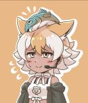  1girl acesrulez animal_costume animal_ear_fluff animal_ears bare_shoulders black_jacket blonde_hair closed_mouth coyote_(kemono_friends) extra_ears fish jacket kemono_friends kemono_friends_v_project microphone multicolored_hair ribbon shirt short_hair simple_background sweat virtual_youtuber white_shirt wolf_ears wolf_girl yellow_eyes 