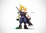  1990s_(style) 1boy armor blonde_hair blue_eyes boots brown_footwear buster_sword cloud_strife final_fantasy final_fantasy_vii huge_weapon k-suwabe male_focus overalls pauldrons purple_overalls retro_artstyle shoulder_armor single_pauldron solo spiky_hair standing sword weapon weapon_on_back 
