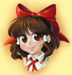  1girl bangs blush bow brown_eyes brown_hair closed_mouth collared_shirt frilled_shirt_collar frills hair_bow hair_over_eyes hakurei_reimu japanese_clothes kidakash looking_at_viewer medium_hair miko red_bow ribbon shirt sidelocks simple_background smile touhou 