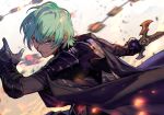  1boy armor bangs black_armor black_cape byleth_(fire_emblem) byleth_eisner_(male) cape enlightened_byleth_(male) fire_emblem fire_emblem:_three_houses gauntlets green_eyes green_hair hair_between_eyes hankuri holding holding_sword holding_weapon looking_at_viewer short_hair solo sword sword_of_the_creator upper_body weapon 