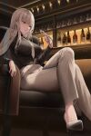  1girl absurdres bangs blush bottle breasts brown_eyes brown_hair collared_shirt crossed_legs cup drinking_glass formal high_heels highres jacket knife large_breasts lillly long_hair long_sleeves office_lady original pants shirt sitting solo wine_bottle wine_glass 