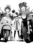  3girls :d afro_(kngotezo) bangs beanie blunt_bangs boots commentary_request cross-laced_footwear gloves greyscale ground_vehicle hat helmet honda_ape kagamihara_nadeshiko lace-up_boots looking_at_viewer monochrome motor_vehicle motorcycle motorcycle_helmet multiple_girls scooter shima_rin simple_background smile toki_ayano white_background yamaha_vino yurucamp 