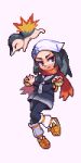  1girl akari_(pokemon) beanie black_hair black_shirt cyndaquil elricflavia frown full_body grey_eyes hat holding holding_poke_ball long_hair pixel_art poke_ball poke_ball_(basic) pokemon pokemon_(game) pokemon_legends:_arceus red_scarf scarf shirt simple_background solo white_background white_headwear 