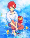  1boy barefoot bucket caustics collared_shirt english_commentary from_above full_body green_eyes highres looking_up male_focus open_mouth original partially_submerged redhead reflection refraction saeldam shirt short_hair sitting sleeves_rolled_up solo star_(symbol) teeth toes upper_teeth water 