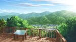  blue_sky building clouds commentary_request day forest highres hiraisaki house landscape leaf looking_at_viewer mountain nature no_humans observation_deck original outdoors plaque railing scenery shadow sky tree 