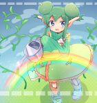 1girl apron bangs blue_eyes blue_sky brown_footwear clouds cloudy_sky double_bun green_footwear green_hair green_sleeves green_sweater hair_between_eyes hair_bun holding holding_watering_can horns lidelle_(puyopuyo) looking_at_viewer looking_up open_mouth plant pointy_ears puyopuyo rainbow shoes sky sleeves_past_wrists smile sweater vines watering watering_can xox_xxxxxx 