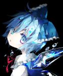  1girl :o absurdres bangs black_background blue_bow blue_eyes blue_hair blue_vest bow cirno collared_shirt commentary frilled_bow frilled_shirt_collar frills hair_bow highres ice ice_wings looking_at_viewer looking_back open_mouth red_ribbon ribbon shirt short_hair simple_background solo soresaki symbol-only_commentary touhou upper_body vest water_drop white_shirt wings 