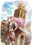  armor blue_sky building cape clouds commission day gauntlets knight long_hair looking_at_viewer outdoors panmijin99 pink_hair skeb_commission sky thank_you 