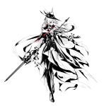  1girl arknights bangs commentary floating_hair frilled_sleeves frills full_body gladiia_(arknights) gladiia_(return)_(arknights) gloves hat high_collar highres holding holding_polearm holding_weapon long_hair long_sleeves monochrome official_alternate_costume pointy_ears polearm simple_background sketch solo spot_color weapon white_background z_05 
