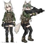  1girl 2022 aiming animal_ear_fluff animal_ears ash-12.7_(girls&#039;_frontline) assault_rifle bangs closed_mouth dutchko escape_from_tarkov fox_ears fox_tail full_body gloves grey_hair gun hair_between_eyes hat highres holding holding_gun holding_weapon long_sleeves military multiple_views red_eyes rifle shoes shorts smile solo standing tail thigh-highs weapon 