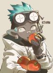  1boy 2020 320wahhoi apple arknights bandaid bandaid_on_face bandaid_on_nose black_gloves blue_hair colored_skin ear_piercing eating ethan_(arknights) food fruit gloves goggles goggles_on_head grey_skin highres holding holding_food holding_fruit jacket looking_at_viewer open_mouth piercing sharp_teeth short_hair solo teeth upper_body upper_teeth white_jacket 
