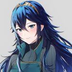  1girl ameno_(a_meno0) bangs black_sweater blue_eyes blue_hair blush closed_mouth fire_emblem fire_emblem_awakening grey_background hair_between_eyes long_hair looking_at_viewer lucina_(fire_emblem) ribbed_sweater simple_background smile solo sweater tiara turtleneck turtleneck_sweater 