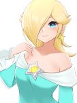  1girl bare_shoulders blonde_hair blue_eyes closed_mouth earrings hair_over_one_eye highres jewelry long_sleeves looking_at_viewer medium_hair rosalina simple_background smile solo star_(symbol) star_earrings super_mario_bros. super_mario_galaxy tomatomiya upper_body white_background 