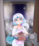  1girl bangs blue_eyes blue_hair city_lights door fish_tail gawr_gura grey_hair heart_apron highres hololive hololive_english low_ponytail moral_cacoethes multicolored_hair night night_sky off_shoulder oven_mitts shark_tail sky smile streaked_hair tail teeth virtual_youtuber 