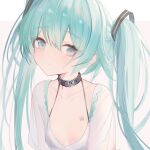  1girl bangs belt_collar breasts collar eyebrows_hidden_by_hair green_eyes green_hair hair_between_eyes hairband hatsune_miku highres looking_at_viewer ookamisama shirt simple_background solo twintails upper_body vocaloid white_background 