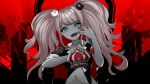  1girl bangs bead_necklace beads bear_hair_ornament black_background black_shirt blue_eyes chair collarbone crown danganronpa:_trigger_happy_havoc danganronpa_(series) enoshima_junko hair_ornament highres jewelry king_(vocaloid) long_hair nail_polish necklace red_background red_nails rozeru shiny shiny_hair shirt short_sleeves sitting smile solo twintails 