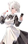  1girl absurdres apron bangs black_dress candy cellphone double_bun dress food grey_eyes grey_hair hair_bun hands_up highres holding holding_candy holding_food holding_lollipop holding_phone lollipop long_dress looking_at_viewer maid maid_apron maid_headdress open_mouth original phone shiro_wa_(shiroshironix) short_hair sidelocks smartphone solo white_background 