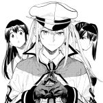  3girls akagi_(kancolle) capelet eyebrows_hidden_by_hair graf_zeppelin_(kancolle) greyscale hat hiro_(chumo) kaga_(kancolle) kantai_collection long_hair monochrome multiple_girls own_hands_together peaked_cap side_ponytail smile twintails 