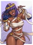  1girl alternate_costume bandages bangs blunt_bangs bob_cut breasts circlet contrapposto curvy dark-skinned_female dark_skin egyptian egyptian_clothes eyeshadow fingerless_gloves gloves green_eyes highres jewelry large_breasts linea_alba looking_at_viewer makeup menat mootium narrow_waist navel paw_pose purple_hair purple_lips revealing_clothes short_hair skindentation smile solo street_fighter street_fighter_v thick_thighs thigh_gap thighs wide_hips 
