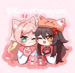  2girls absurdres animal_ear_headwear animal_ears animal_hat brown_hair cat_ears cat_girl genshin_impact green_eyes hair_between_eyes hat highres hu_tao_(genshin_impact) kuma_yum24 long_hair long_sleeves multiple_girls one_eye_closed pink_hair pink_headwear red_eyes school_uniform serafuku shirt white_shirt yanfei_(genshin_impact) 