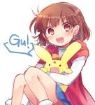  1girl arle_nadja bangs blue_skirt bow brown_eyes brown_hair cape carbuncle_(puyopuyo) head_tilt long_sleeves looking_at_viewer open_mouth orange_bow puyopuyo red_cape shirt sitting skirt smile speech_bubble white_background white_shirt xox_xxxxxx 