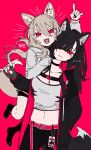  ... 027yuu 2girls absurdres animal_ear_fluff animal_ears bangs black_choker black_gloves black_hair black_jacket black_socks cat_ears cat_girl choker closed_mouth fang fingerless_gloves frown gloves grey_hair hair_between_eyes hair_ornament hair_over_one_eye hairpin hand_on_another&#039;s_shoulder highres jacket long_hair looking_at_viewer multiple_girls name_tag open_clothes open_jacket open_mouth original pink_background pink_eyes pink_nails skin_fang smile socks tank_top white_tank_top 