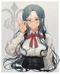  1girl adjusting_eyewear arm_at_side bangs black_corset blue_eyes blue_hair bow bowtie chinese_commentary closed_mouth collared_shirt commentary_request copyright_name corset danganronpa_(series) danganronpa_v3:_killing_harmony forehead hand_up highres lips long_hair long_sleeves looking_at_viewer parted_bangs red_bow red_bowtie rimless_eyewear shirogane_tsumugi shirt sidelocks sleeve_cuffs smile solo tian_(my_dear) upper_body very_long_hair wavy_hair white_shirt 