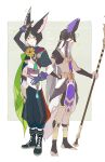 2boys absurdres animal_ear_fluff animal_ears animal_hat arm_up asymmetrical_sleeves bangs black_hair black_headwear black_socks boots commentary_request cyno_(genshin_impact) dark-skinned_male dark_skin egyptian_clothes english_text flower fox_boy fox_ears fox_tail full_body genshin_impact gloves gnsn_aile022 green_hair hair_between_eyes hand_on_hip hat highres holding holding_polearm holding_weapon long_hair male_focus medal multicolored_hair multiple_boys open_mouth parted_lips polearm red_eyes simple_background socks standing streaked_hair tail tassel tighnari_(genshin_impact) toeless_legwear uneven_sleeves vision_(genshin_impact) weapon white_hair yellow_flower 