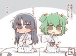  2girls :&gt; :d adjusting_clothes antenna_hair artist_name assault_lily bangs barefoot bath_yukata black_eyes blush chibi closed_mouth commentary_request futon gochisousama_(tanin050) green_eyes green_hair grey_background hair_between_eyes hair_ribbon hand_on_lap hand_up hands_up japanese_clothes kimono long_hair long_sleeves looking_at_viewer messy_hair motion_lines multiple_girls on_bed outstretched_arm pointing pointing_at_another ribbon seiza shirai_yuyu short_hair sitting smile solid_circle_eyes striped striped_kimono sweatdrop translated two-tone_background two_side_up vertical-striped_kimono vertical_stripes white_background white_kimono wide_sleeves yellow_ribbon yoshimura_thi_mai yukata 