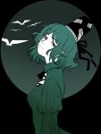  1girl bird black_background black_headwear breasts closed_mouth cx6lc0 green_eyes green_hair hat highres juliet_sleeves limited_palette long_sleeves looking_at_viewer ofuda ofuda_on_clothes puffy_sleeves short_hair soga_no_tojiko solo tate_eboshi touhou upper_body 