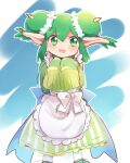  1girl apron back_bow bangs blue_bow blue_sky border bow double_bun green_eyes green_hair green_sleeves hair_between_eyes hair_bun horns lidelle_(puyopuyo) looking_at_viewer maid_apron open_mouth pointy_ears puyopuyo sky sleeves_past_wrists smile white_apron white_background white_border white_bow xox_xxxxxx 