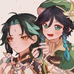  2boys adjusting_hair bangs black_hair brown_eyes chosuica eyebrows_hidden_by_hair flower genshin_impact green_eyes green_hair hair_between_eyes hair_flower hair_ornament hat highres jewelry looking_at_viewer multicolored_hair multiple_boys necklace open_mouth short_hair smile venti_(genshin_impact) xiao_(genshin_impact) yellow_eyes 