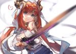  1girl absurdres bangs blurry blurry_background blurry_foreground breasts gem genshin_impact harem_outfit highres holding holding_sword holding_weapon hood hood_up horns jewelry long_hair long_sleeves looking_at_viewer low_twintails medium_breasts nilou_(genshin_impact) redhead shiny shiny_hair sketch smile solo sword teeth twintails upper_body veil weapon yu_hydra 
