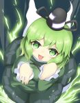  1girl bangs black_headwear cross-laced_clothes dress electricity full_body ghost_tail green_dress green_eyes green_hair hat highres koruk700 long_sleeves looking_at_viewer ofuda ofuda_on_clothes open_mouth soga_no_tojiko solo tate_eboshi tongue tongue_out touhou 