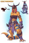1girl abs absurdres alternate_skin_color ankle_wrap arm_wrap belt bracelet colored_skin covered_eyes digimon dinosaur_girl dinosaur_tail genderswap genderswap_(mtf) greymon highres holding holding_weapon jewelry lluisabadias long_hair mask monster_girl multiple_belts muscular muscular_female orange_skin pinup_(style) redhead simple_background skull solo spiked_knuckles striped tail thick_thighs thighs weapon