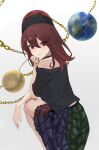  1girl absurdres black_headwear black_shirt chain closed_mouth earth_(ornament) feet_out_of_frame hair_between_eyes hecatia_lapislazuli highres looking_at_viewer moon_(ornament) multicolored_clothes multicolored_skirt off-shoulder_shirt off_shoulder palulap polos_crown red_eyes redhead shirt short_hair short_sleeves skirt smile solo t-shirt touhou 