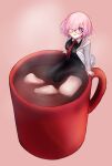  1girl black_dress coffee_mug collar cup dress drink fate/grand_order fate_(series) food glasses hair_over_one_eye harukappa highres hot_chocolate in_container in_cup in_food jacket light_purple_hair looking_at_viewer marshmallow mash_kyrielight minigirl mug necktie pantyhose purple_hair short_hair smile solo steam violet_eyes 