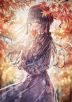  1girl autumn_leaves bangs blurry blurry_background blush brown_hair covering_mouth cowboy_shot dress frilled_sleeves frills glowing green_eyes highres holding holding_leaf leaf leaf_print light_particles long_hair long_sleeves looking_at_viewer original print_dress purple_dress red_headwear sakura_(39ra) solo standing sunlight 