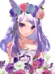  1girl \||/ animal_ears bangs bare_shoulders blurry blurry_foreground bouquet commentary dot_nose dress flower flower_wreath forehead highres holding holding_bouquet horse_ears horse_girl long_hair looking_at_viewer mejiro_mcqueen_(umamusume) parted_bangs parted_lips purple_hair shadow shiny shiny_hair simple_background solo tk_(takodagon) umamusume upper_body v-shaped_eyebrows violet_eyes wedding_dress white_background 
