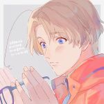  1boy ahoge axis_powers_hetalia blonde_hair blue_eyes canada_(hetalia) coat fingernails glasses grey_background holding holding_eyewear looking_at_object male_focus red_coat removing_eyewear simple_background vvvrsi3636 