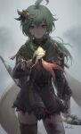  1girl ahoge artist_name bandages blood blood_on_face bow_(weapon) capelet clouds cloudy_sky collei_(genshin_impact) cowboy_shot crying crying_with_eyes_open detached_sleeves earrings furrowed_brow genshin_impact green_capelet green_hair hair_ornament highres holding holding_bow_(weapon) holding_weapon jewelry long_hair looking_at_object looking_down mool_yueguang outdoors rain single_earring sky solo tears violet_eyes vision_(genshin_impact) wavy_hair weapon 