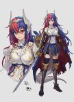  1girl absurdres adapted_costume alear_(fire_emblem) alear_(fire_emblem)_(female) armor bangs blue_eyes blue_hair breasts cape crossed_bangs dragon_girl dragon_horns dragon_tail fire_emblem fire_emblem_engage gloves heterochromia highres horns jewelry long_hair looking_at_viewer medium_breasts multicolored_hair red_eyes redhead smile solo split-color_hair tail tiara torn_cape torn_clothes two-tone_hair velahka very_long_hair 