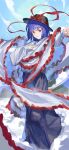 1girl absurdres black_headwear black_skirt blue_hair capelet frilled_capelet frills hagoromo hat hat_ribbon highres long_skirt long_sleeves nagae_iku red_eyes red_ribbon ribbon shawl shirt short_hair skirt sky smile solo touhou wb_yimo white_capelet white_shirt