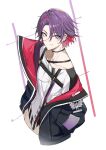  1boy 2022 bangs black_jacket closed_mouth collarbone cropped_torso ear_piercing fang hands_in_pockets highres jacket looking_at_viewer luse_maonang nijisanji open_clothes open_jacket piercing purple_hair shirt short_hair skin_fang smile solo watarai_hibari white_shirt yellow_eyes 