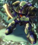  2021 axe cable dated forest glowing glowing_eye gundam gundam_0080 heat_hawk highres holding holding_axe machinery mecha mobile_suit nature no_humans one-eyed robot science_fiction shield shoulder_spikes signature spikes user_rztk7524 violet_eyes zaku_ii_fz_kai zeon 