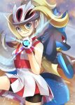  1girl back-to-back bangs bike_shorts black_shorts blonde_hair blue_eyes blurry blurry_background closed_mouth dress fingerless_gloves floating_hair gloves hair_between_eyes highres korrina_(pokemon) layered_dress long_hair looking_at_viewer looking_back lucario pokemon pokemon_(game) pokemon_xy red_eyes short_dress short_shorts shorts shorts_under_dress sleeveless sleeveless_dress smile standing standing_on_one_leg twitter_username white_dress white_gloves yomogi_(black-elf) 